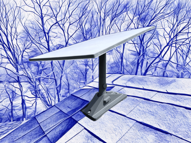 Pivot mount and Gen 3 dish on standard shingle roof after a standard residential Starlink internet installation.