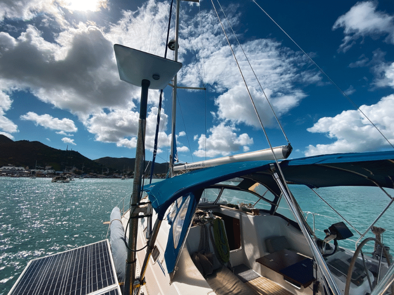 Starlink system mounted on an 8-foot mast along the side of a sailboat, delivering internet at sea.